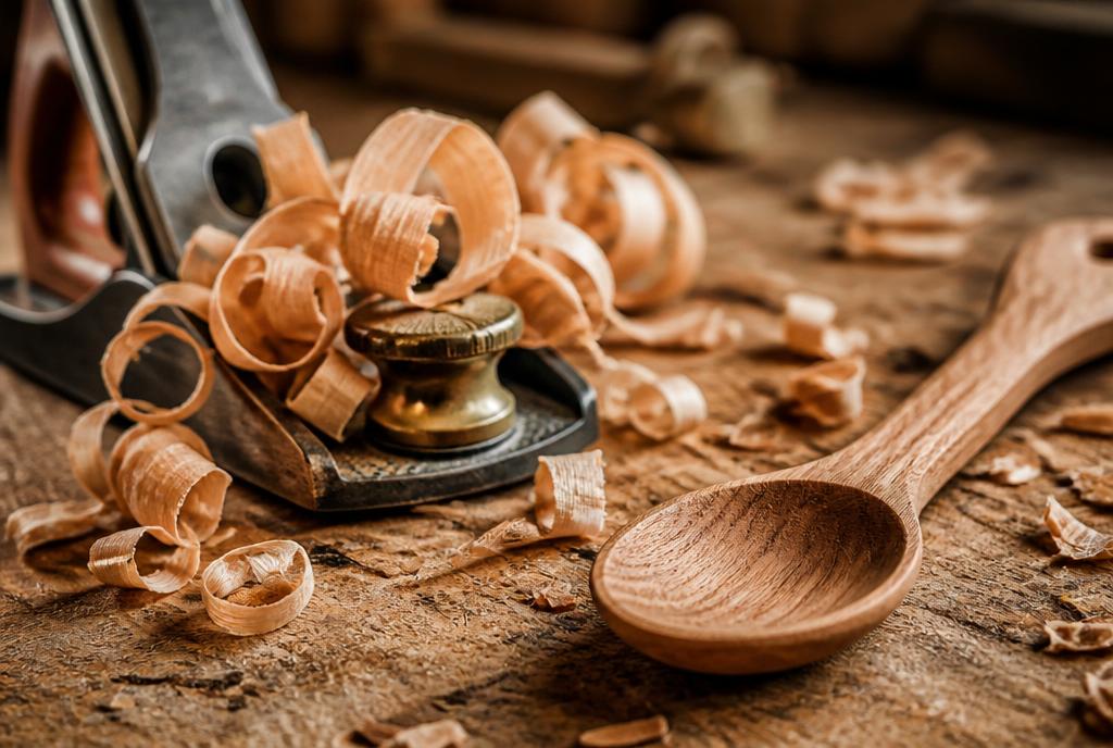 A workbench of handmade wooden craft